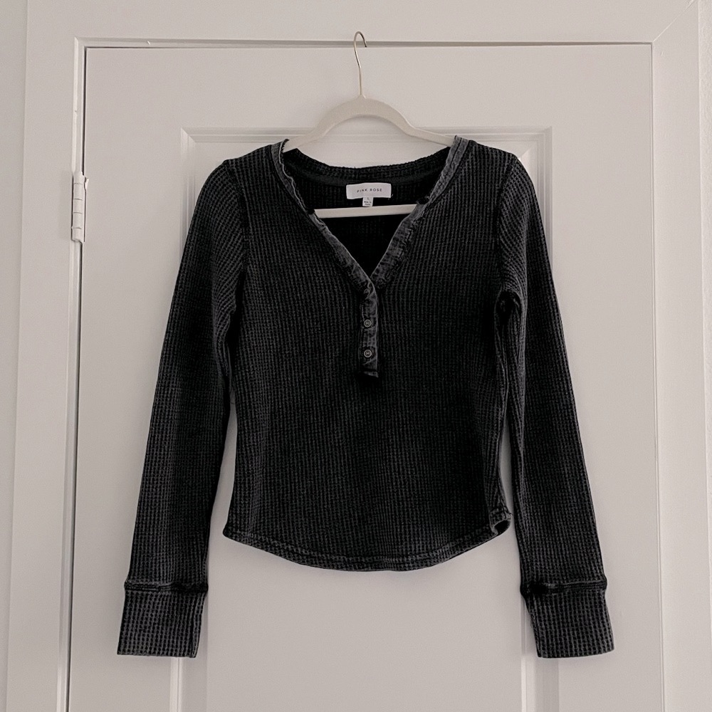 Pink Rose Waffle Top Henley Crop Washed Look Gray Beach Grunge Indie Sleeze